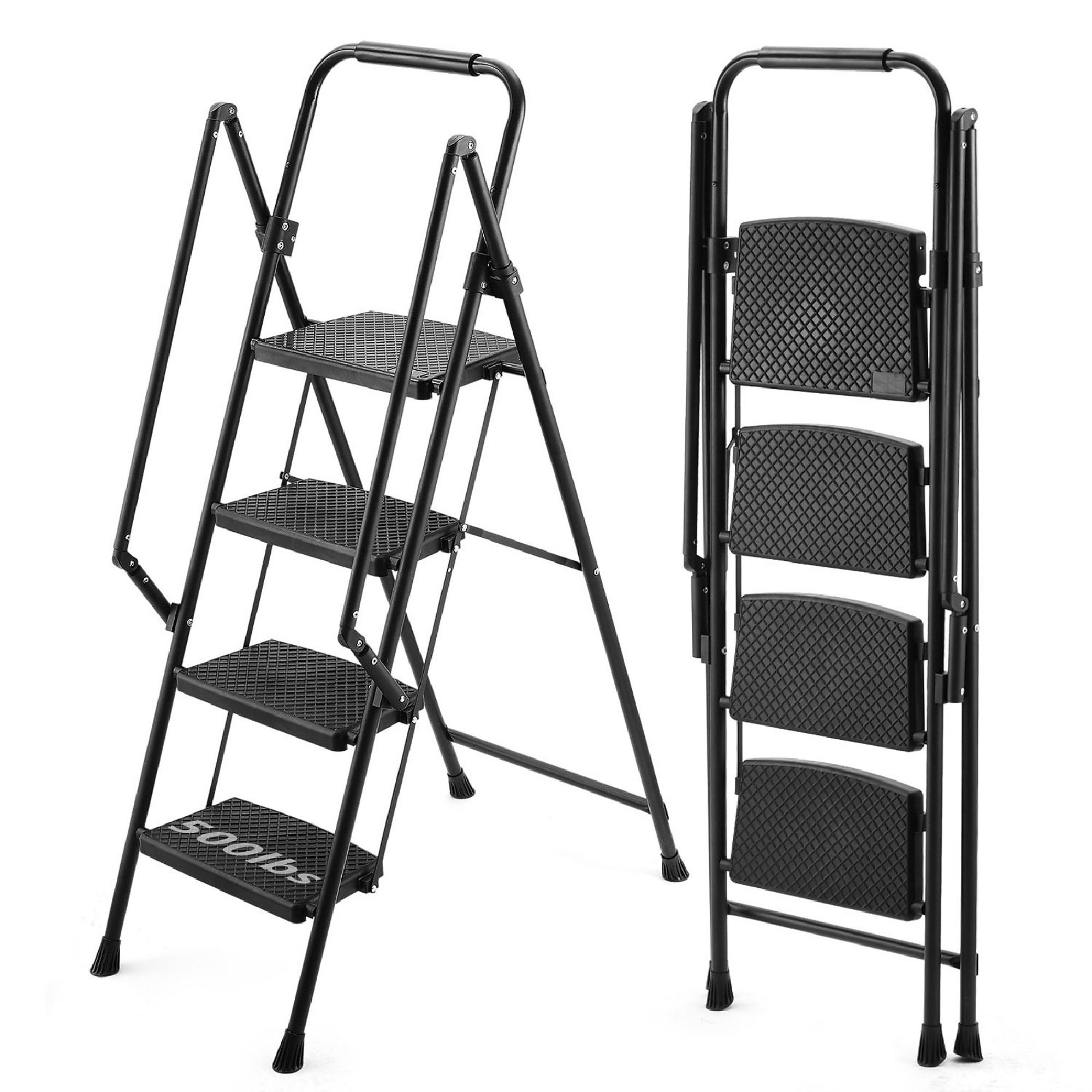 BlackTeck Foldable Steel Step Stool — 4 Steps, 9ft. Reach, Wide Anti-Slip Pedals, 500-Lb. Capacity, Model# N2-186130